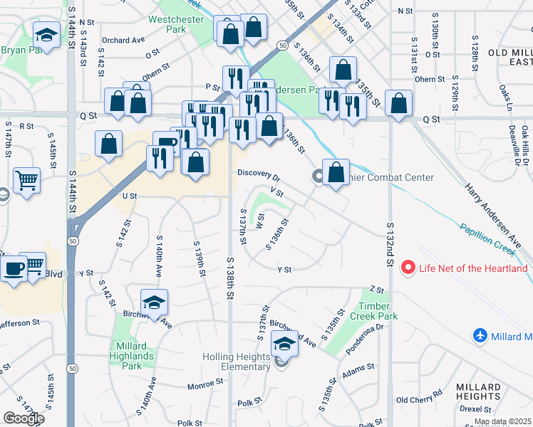 map of restaurants, bars, coffee shops, grocery stores, and more near 13656 W Street in Omaha