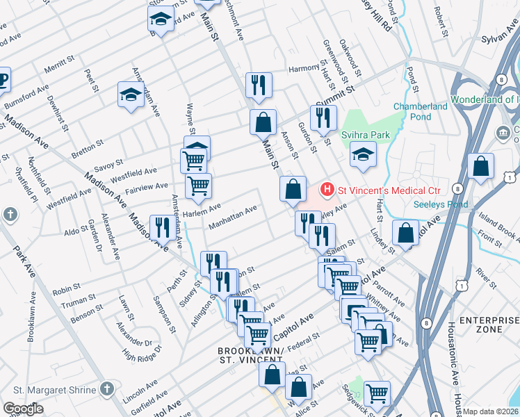 map of restaurants, bars, coffee shops, grocery stores, and more near 132 Bronx Avenue in Bridgeport