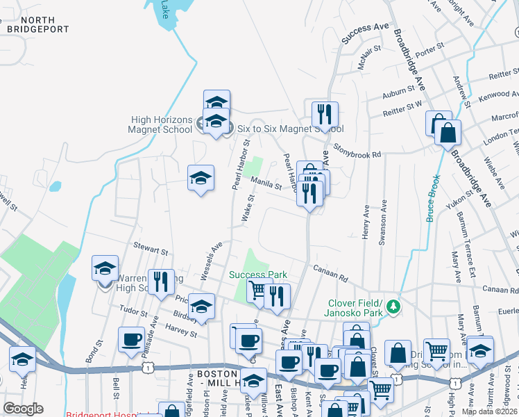 map of restaurants, bars, coffee shops, grocery stores, and more near 42 Court D in Bridgeport