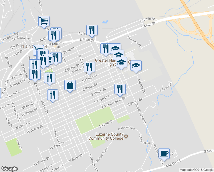 map of restaurants, bars, coffee shops, grocery stores, and more near 358 E Union St in Nanticoke