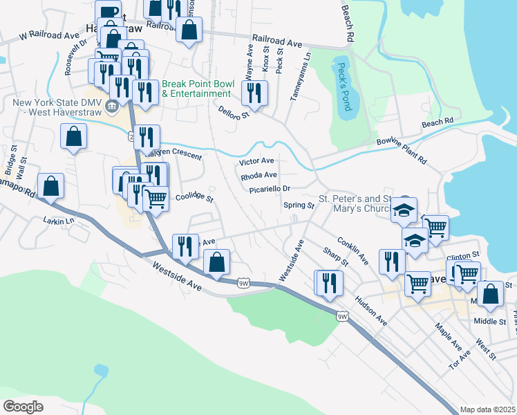 map of restaurants, bars, coffee shops, grocery stores, and more near 64 Village Mill in Haverstraw