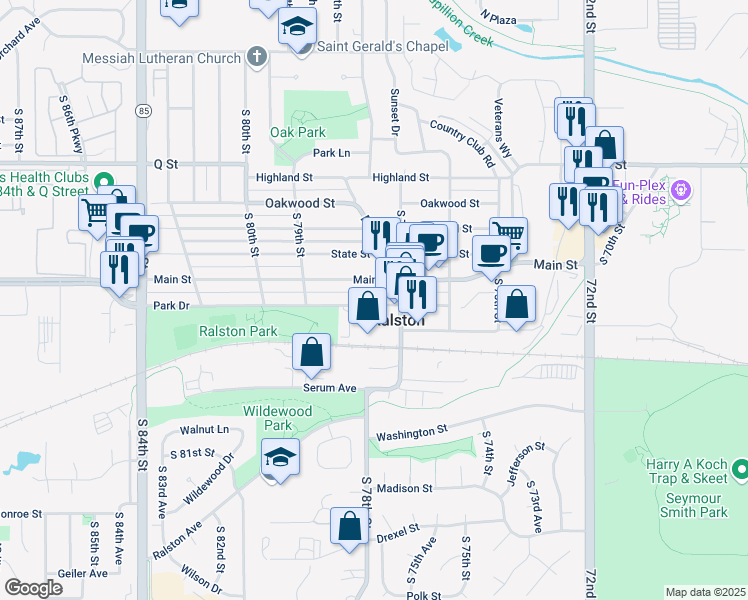map of restaurants, bars, coffee shops, grocery stores, and more near 7722 Park Drive in Ralston