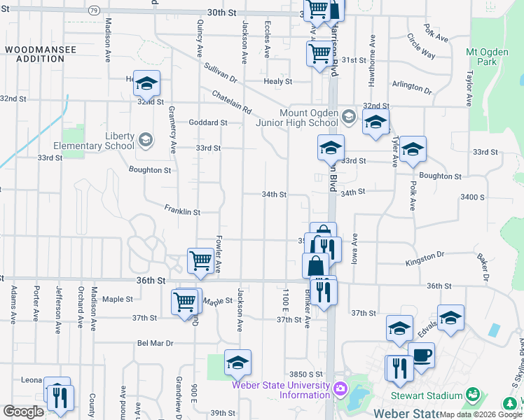 map of restaurants, bars, coffee shops, grocery stores, and more near 3452 Eccles Avenue in Ogden