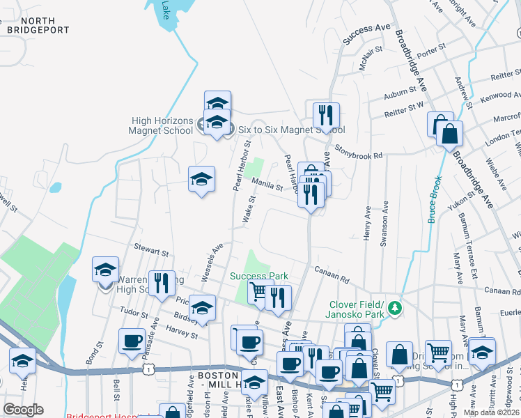 map of restaurants, bars, coffee shops, grocery stores, and more near 42 Court D in Bridgeport