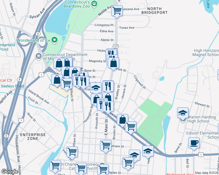 map of restaurants, bars, coffee shops, grocery stores, and more near 1891 East Main Street in Bridgeport