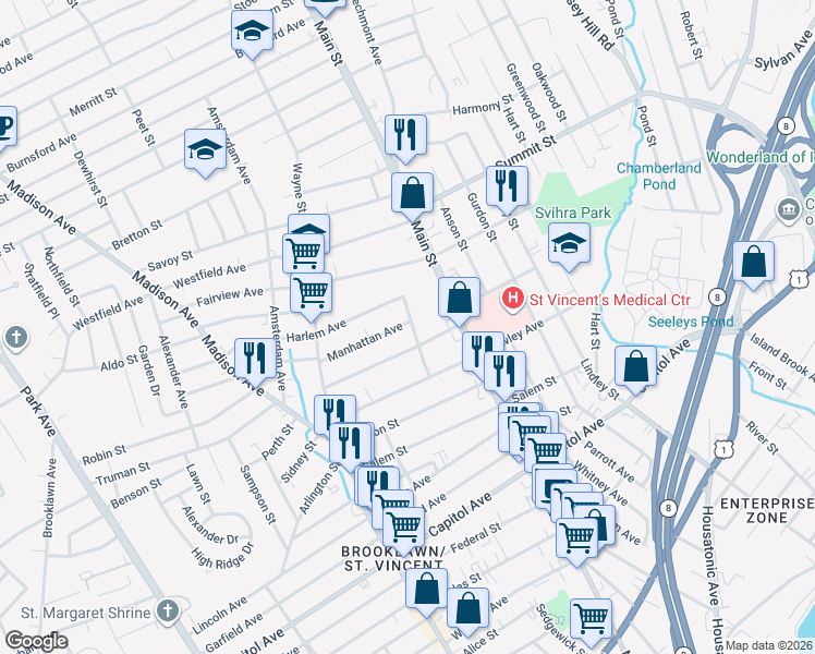 map of restaurants, bars, coffee shops, grocery stores, and more near 132 Bronx Avenue in Bridgeport