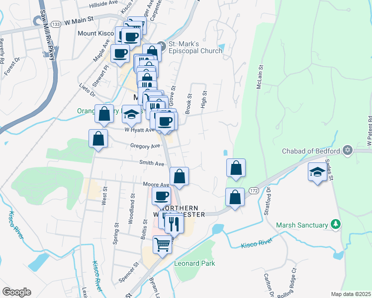 map of restaurants, bars, coffee shops, grocery stores, and more near 201 Grove Street in Mount Kisco