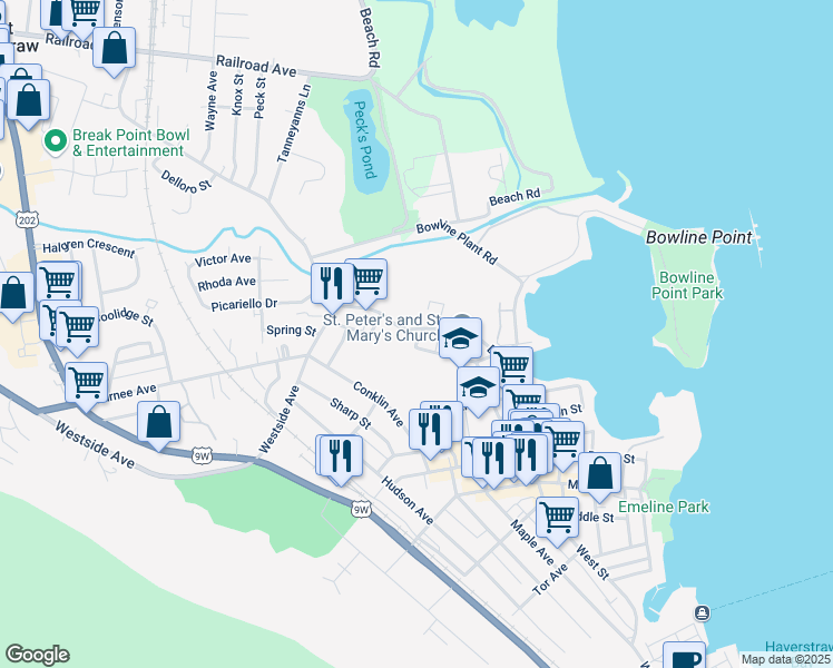 map of restaurants, bars, coffee shops, grocery stores, and more near 10 Orchard Street in Haverstraw