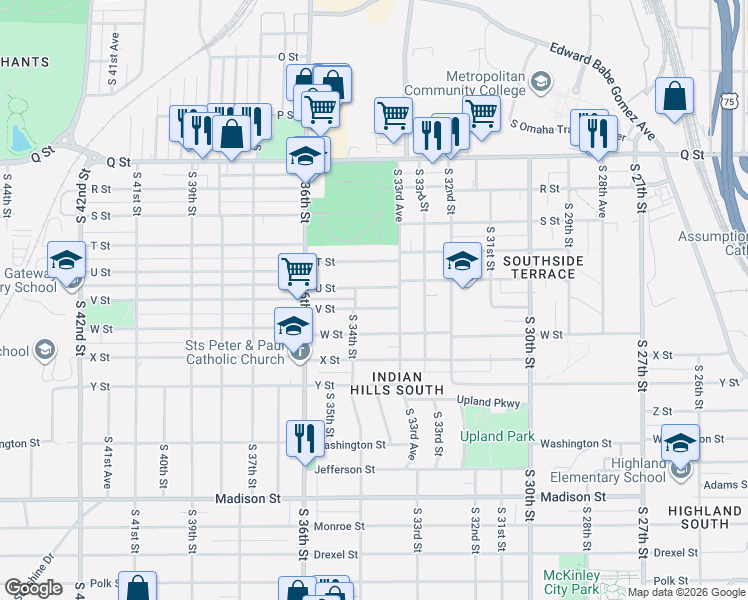 map of restaurants, bars, coffee shops, grocery stores, and more near 3365 V Street in Omaha