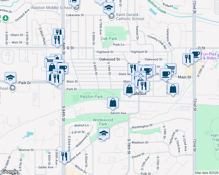 map of restaurants, bars, coffee shops, grocery stores, and more near 7902 Park Drive in Ralston