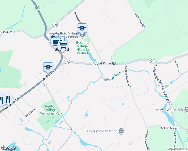 map of restaurants, bars, coffee shops, grocery stores, and more near 69 Pound Ridge Road in Bedford