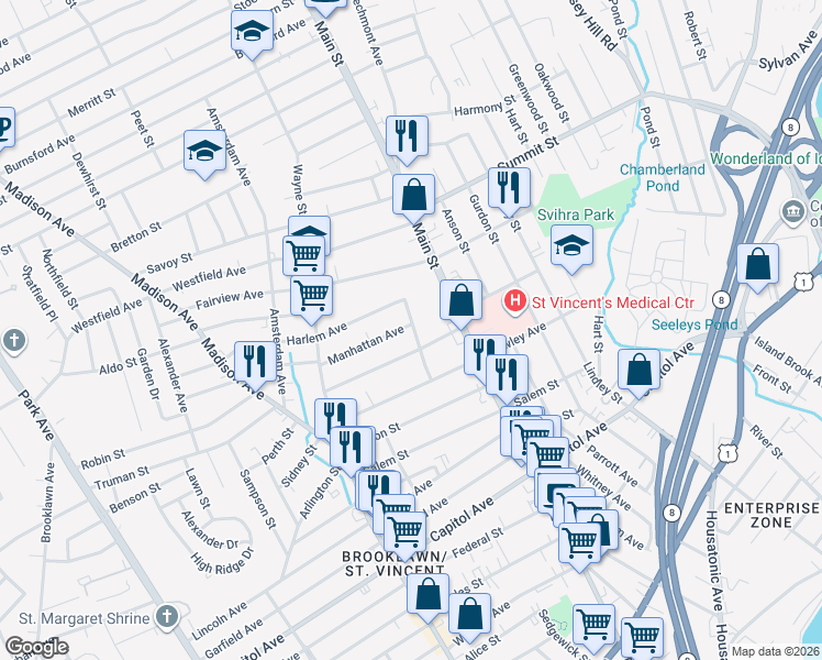map of restaurants, bars, coffee shops, grocery stores, and more near 11 Manhattan Avenue in Bridgeport