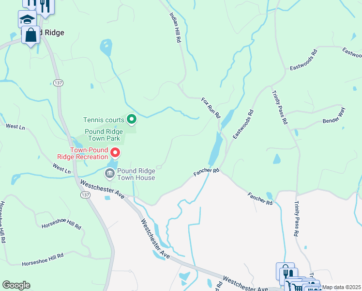 map of restaurants, bars, coffee shops, grocery stores, and more near 27 Beech Hill Lane in Pound Ridge