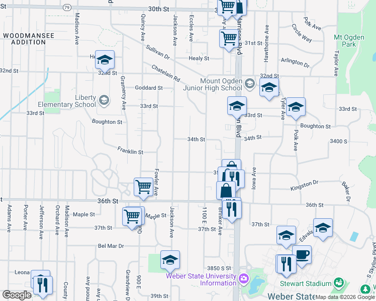map of restaurants, bars, coffee shops, grocery stores, and more near 3452 Eccles Avenue in Ogden