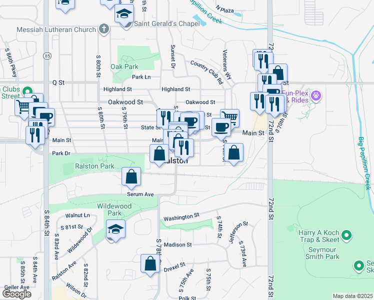 map of restaurants, bars, coffee shops, grocery stores, and more near 7630 Park Drive in Ralston