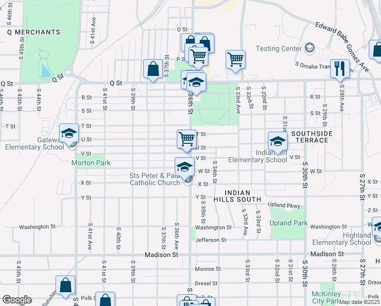 map of restaurants, bars, coffee shops, grocery stores, and more near V Street in Omaha