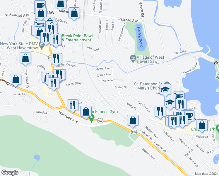 map of restaurants, bars, coffee shops, grocery stores, and more near 11 Village Mill in Haverstraw