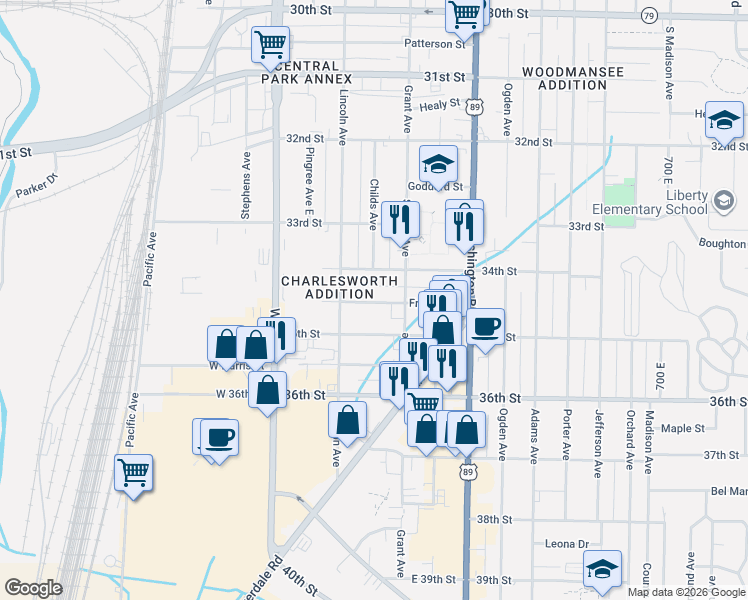 map of restaurants, bars, coffee shops, grocery stores, and more near 280 Franklin Street in Ogden