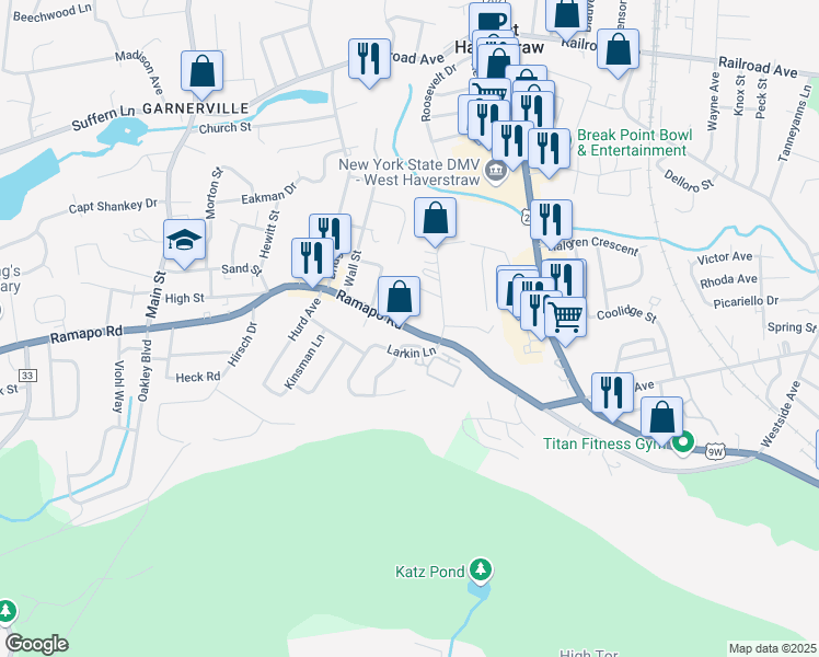 map of restaurants, bars, coffee shops, grocery stores, and more near 176 Ramapo Road in West Haverstraw