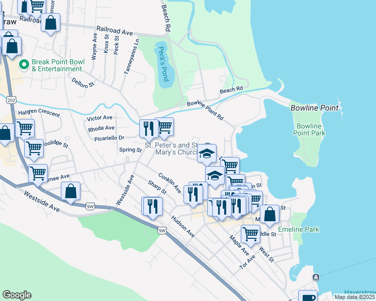 map of restaurants, bars, coffee shops, grocery stores, and more near 143 Broadway in Haverstraw