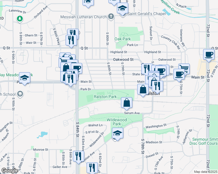 map of restaurants, bars, coffee shops, grocery stores, and more near 8020 Park Drive in Ralston