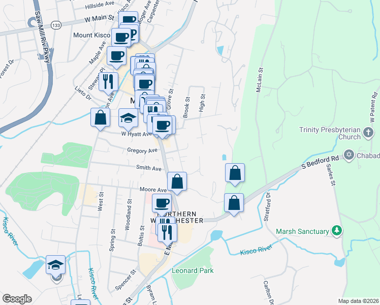 map of restaurants, bars, coffee shops, grocery stores, and more near 201 Grove Street in Mount Kisco