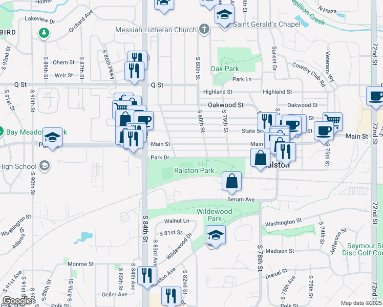 map of restaurants, bars, coffee shops, grocery stores, and more near 8020 Park Drive in Ralston