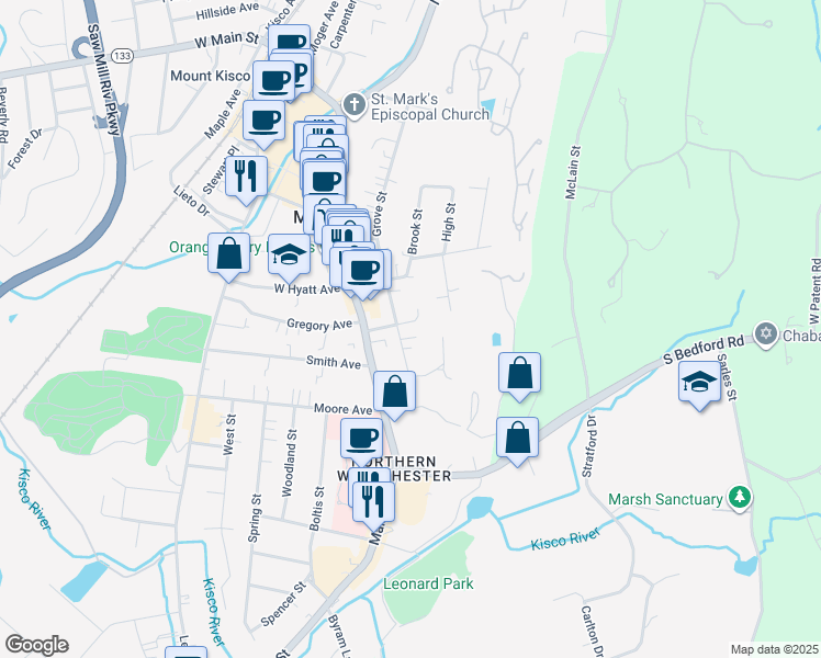 map of restaurants, bars, coffee shops, grocery stores, and more near 199 Grove Street in Mount Kisco