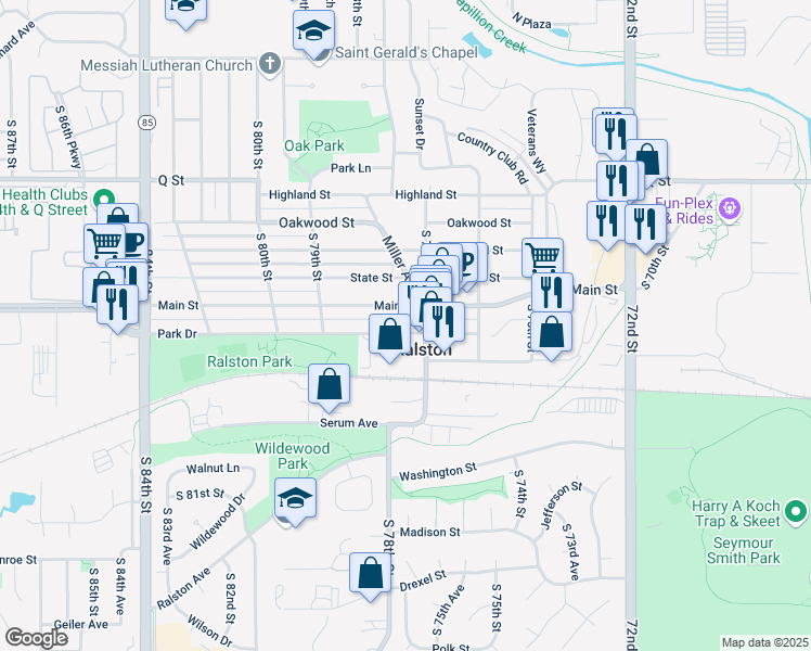 map of restaurants, bars, coffee shops, grocery stores, and more near 7722 Park Drive in Ralston