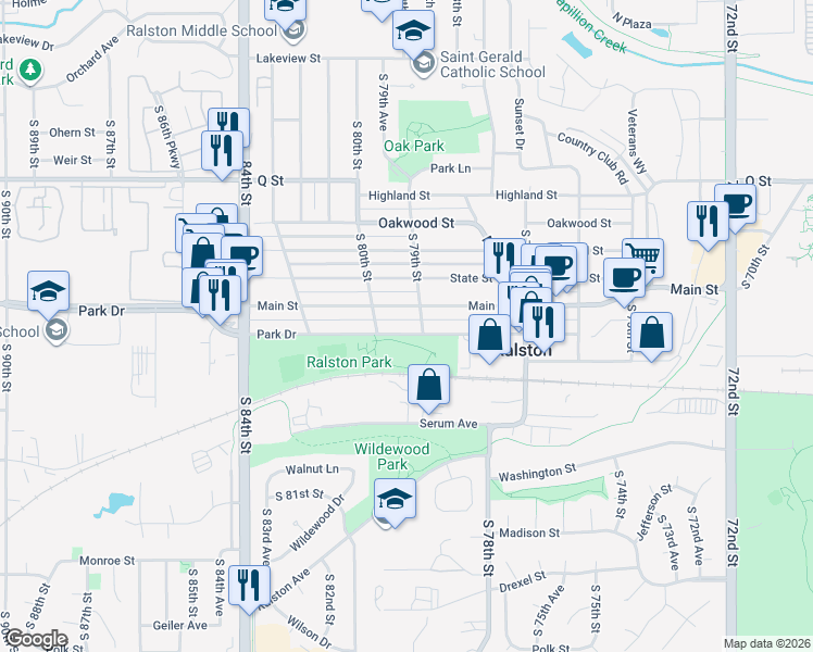 map of restaurants, bars, coffee shops, grocery stores, and more near 7902 Park Drive in Ralston