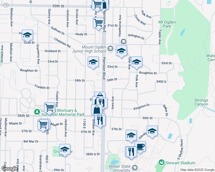 map of restaurants, bars, coffee shops, grocery stores, and more near 3450 Harrison Boulevard in Ogden