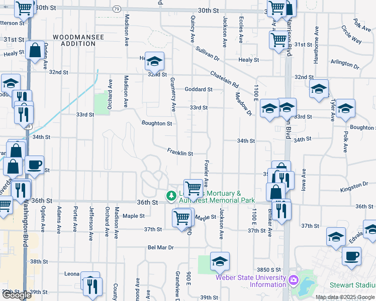 map of restaurants, bars, coffee shops, grocery stores, and more near 3457 Quincy Avenue in Ogden