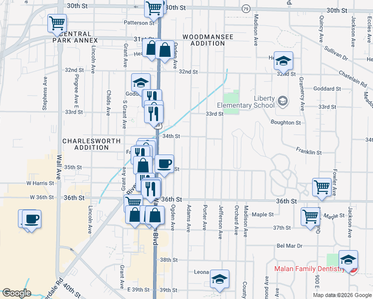 map of restaurants, bars, coffee shops, grocery stores, and more near 3458 Ogden Avenue in Ogden