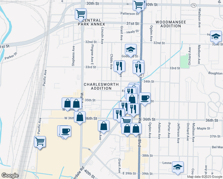 map of restaurants, bars, coffee shops, grocery stores, and more near 253 Franklin Street in Ogden