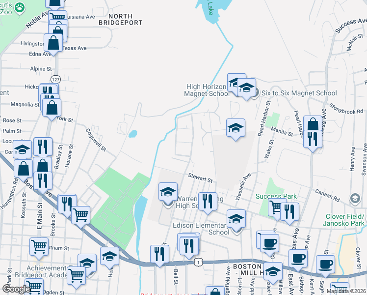 map of restaurants, bars, coffee shops, grocery stores, and more near 540 Bond Street in Bridgeport