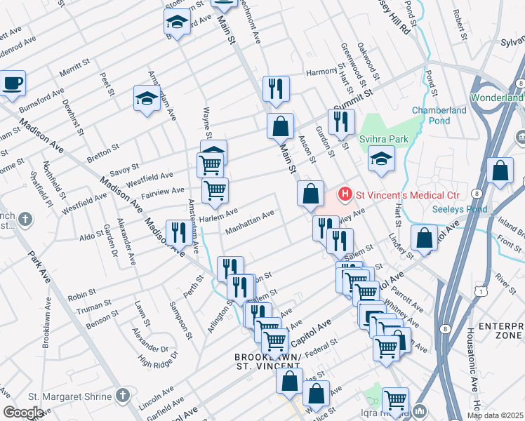 map of restaurants, bars, coffee shops, grocery stores, and more near 132 Bronx Avenue in Bridgeport