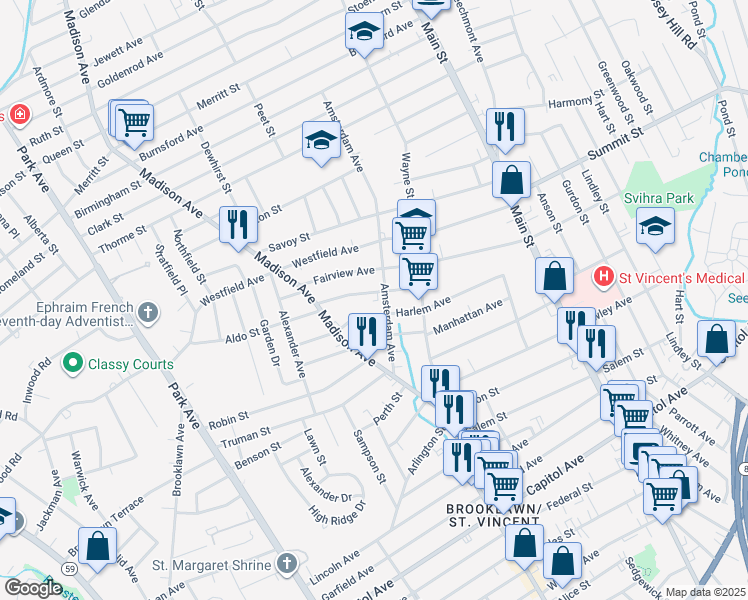 map of restaurants, bars, coffee shops, grocery stores, and more near 293 Harlem Avenue in Bridgeport
