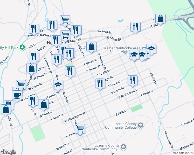 map of restaurants, bars, coffee shops, grocery stores, and more near 222-252 East Ridge Street in Nanticoke