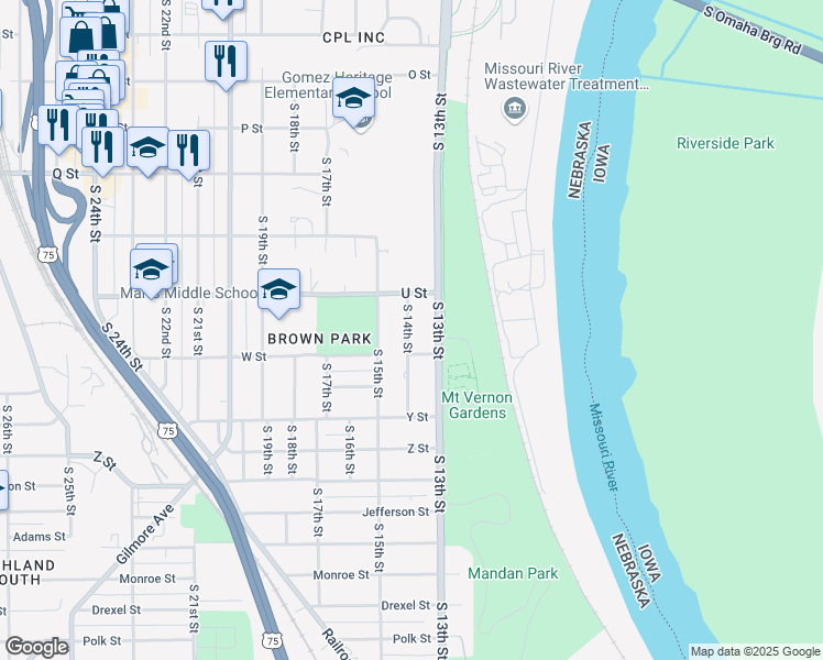 map of restaurants, bars, coffee shops, grocery stores, and more near 5760 South 13th Street in Omaha