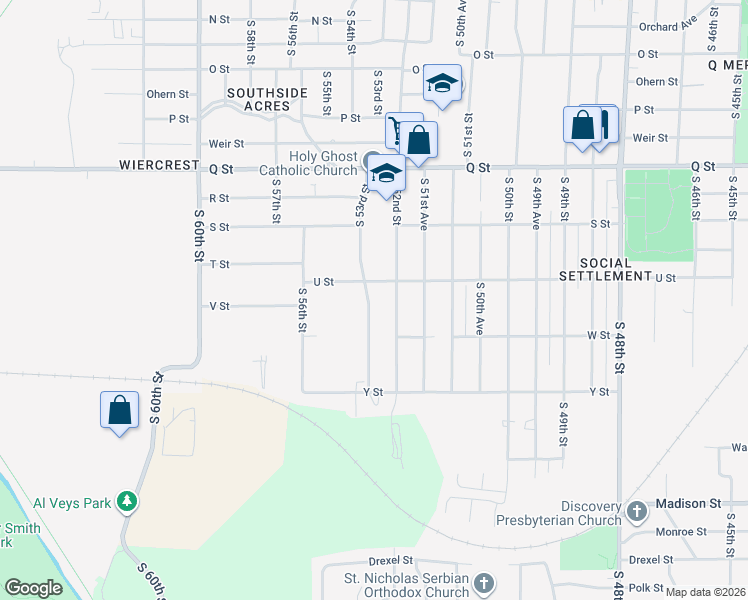 map of restaurants, bars, coffee shops, grocery stores, and more near 5709 South 53rd Street in Omaha