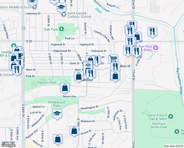 map of restaurants, bars, coffee shops, grocery stores, and more near in Ralston