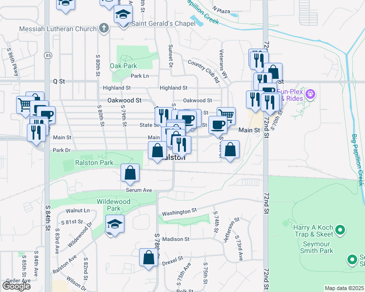 map of restaurants, bars, coffee shops, grocery stores, and more near in Ralston
