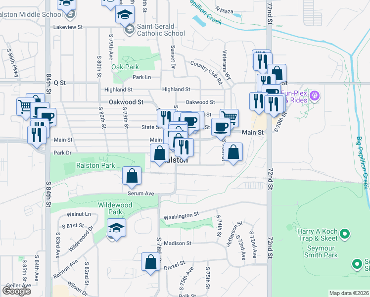 map of restaurants, bars, coffee shops, grocery stores, and more near 7630 Park Drive in Ralston