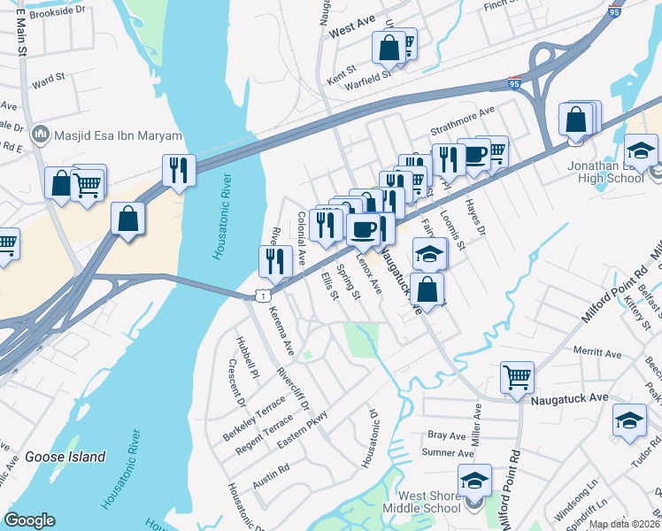 map of restaurants, bars, coffee shops, grocery stores, and more near 20 Ellis Street in Milford