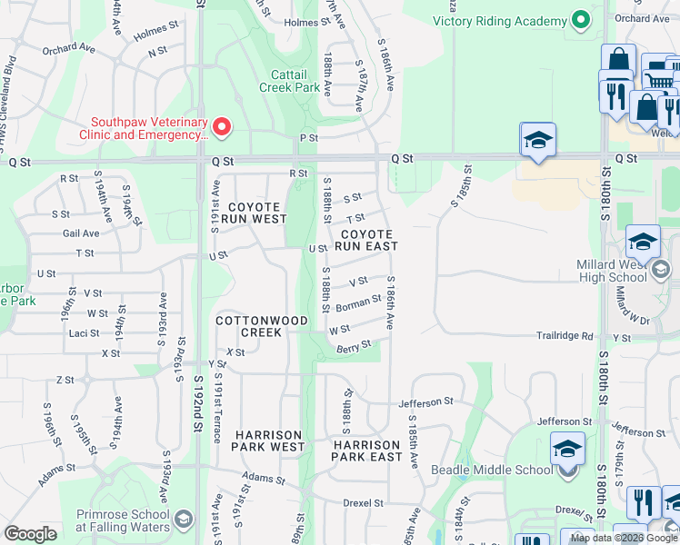 map of restaurants, bars, coffee shops, grocery stores, and more near 18721 V Street in Omaha