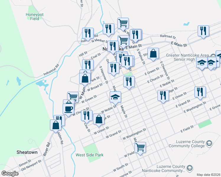 map of restaurants, bars, coffee shops, grocery stores, and more near 327 South Hanover Street in Nanticoke