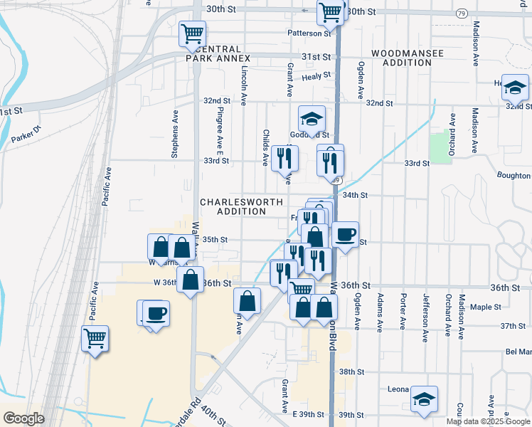 map of restaurants, bars, coffee shops, grocery stores, and more near 253 Franklin Street in Ogden