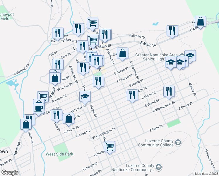 map of restaurants, bars, coffee shops, grocery stores, and more near 110 East Noble Street in Nanticoke