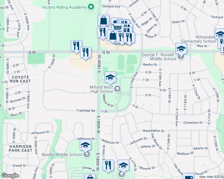 map of restaurants, bars, coffee shops, grocery stores, and more near 5710 South 176th Avenue in Omaha