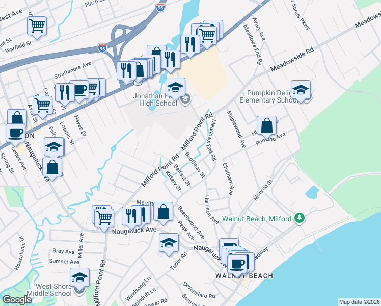 map of restaurants, bars, coffee shops, grocery stores, and more near 12 Boothbay Street in Milford